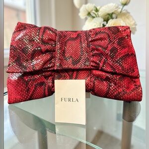 Furla EUC Red and Black Snake-Print Bow Clutch